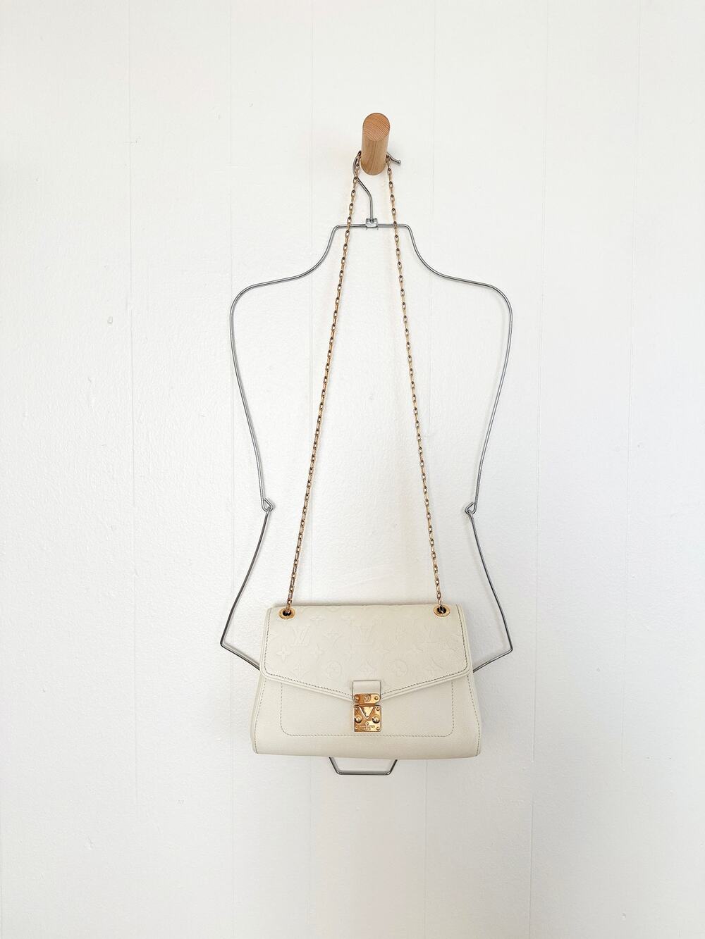 LOUIS VUITTON Monogram Empreinte Saint Germain PM Chain Flap Bag Dune Cream